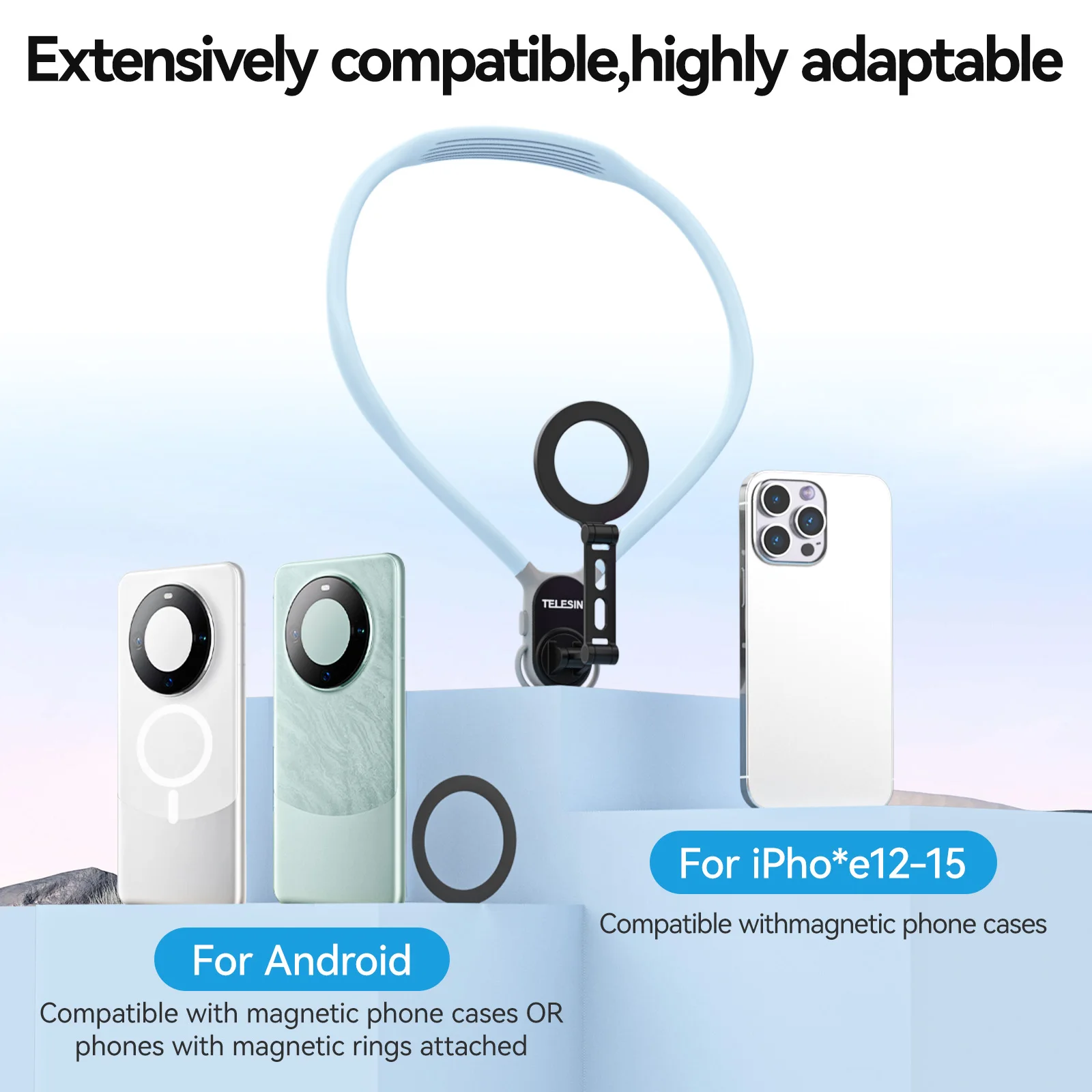 Магнитное крепление на шею TELESIN Metal Ogee для iPhone 11 12 13 14 15 Android Samsung смартфонов