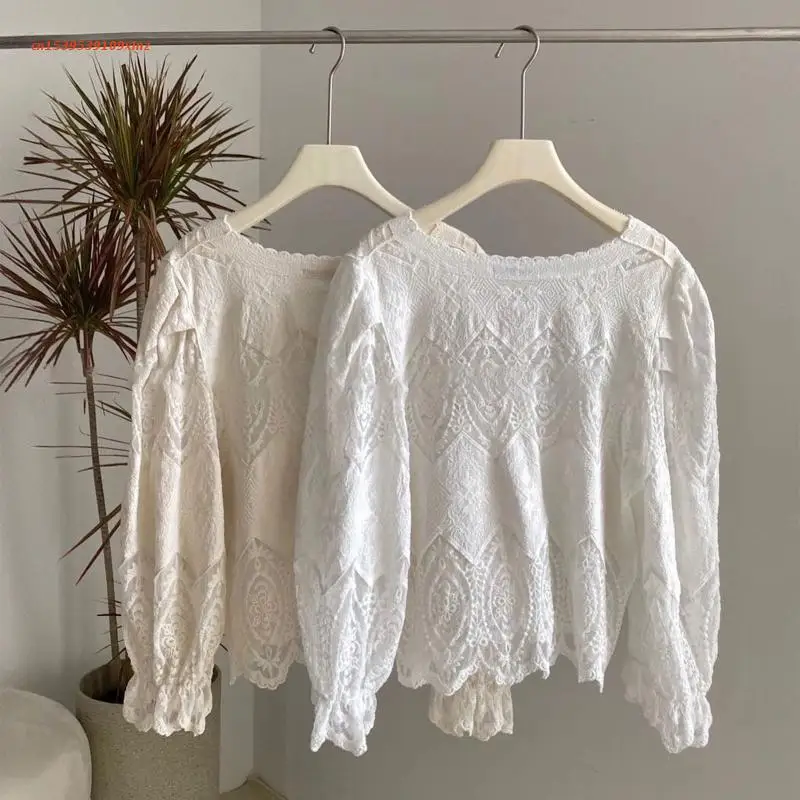 

Женский весенний Укороченный кардиган с пышными длинными рукавами, Кружевной Жакет во французском стиле с V-образным вырезом, пуговицами и ...