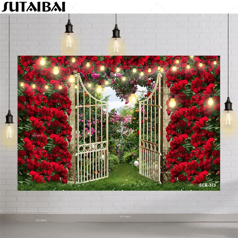 

Valentine's Day Backdrop Photography Spring Scene Romantic Red Rose Bridal Anniversay Background Wedding Decoration Supplies