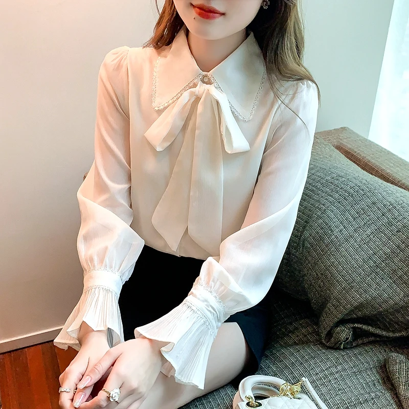 

2022 Spring New Silk Pleated Streamer Yarn Niche Sweet Fairy Flare Sleeve Women Chiffon Shirt Elegant Office Lady Blouses