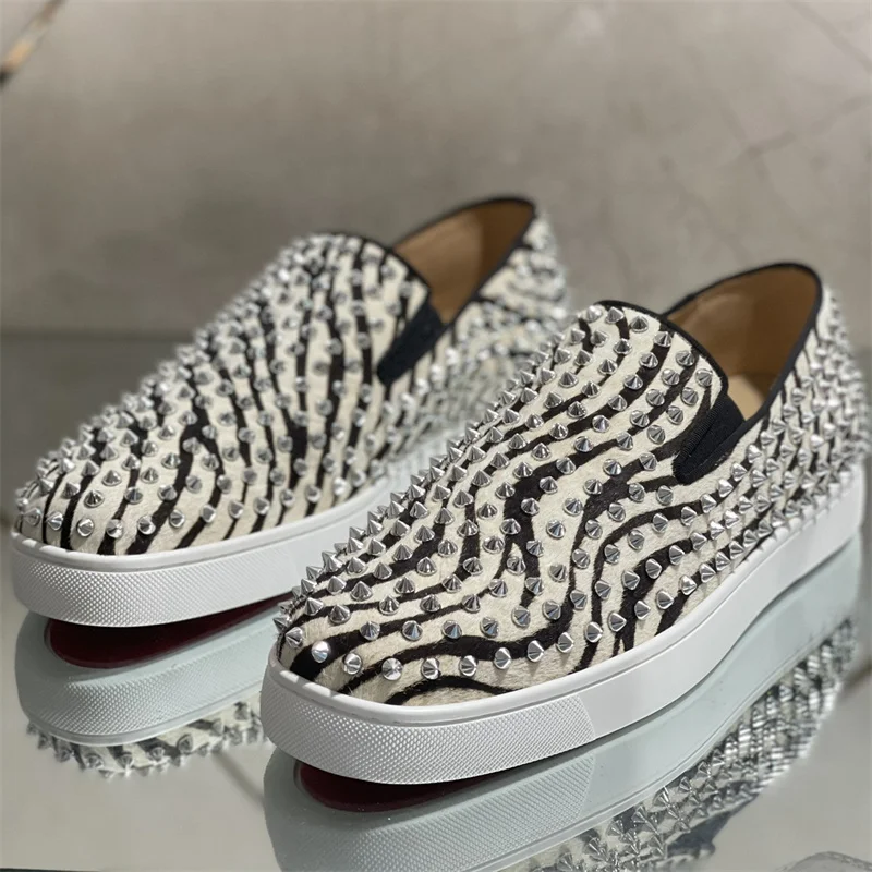 

Top Luxury Brands Men's Fashion Designer Rivet Shoes Zebra-Stripe Flats Loafers Handmade Spiked Man Party Wedding Dress Sneakers