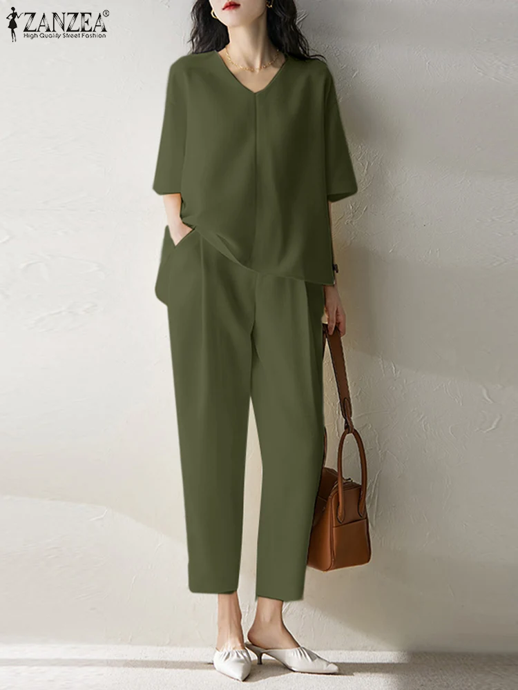 

Комплект ZANZEA Женский Повседневный из блузки и брюк, модный городской спортивный костюм с V-образным вырезом и полурукавами, однотонный элег...