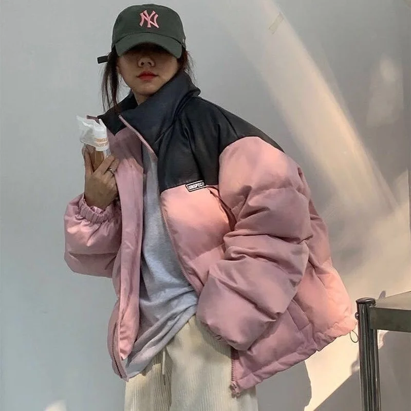 2022 New Zipper Jacket Korean Fashion Color Matching Jacket Winter Women's Warmth and Thick Stand-up Collar Loose Parker Clothes
