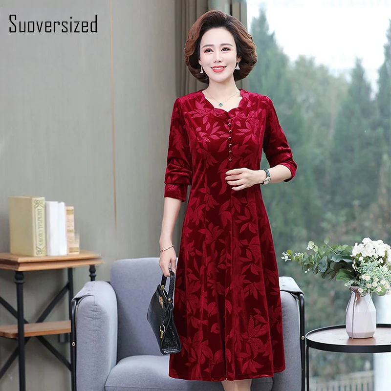 

Women Floral Printed Ruffle Edge O Neck Velvet Dress Ladies Full Sleeve A-line Midi Red Robes Femme Autumn Mom Style Slim Faldas