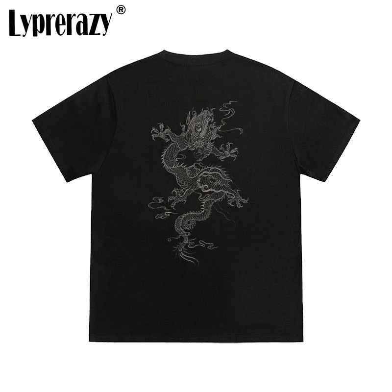 

Lyprerazy Chinese Style Dragon Embroidery Short-sleeved T-shirt Summer Loose Cotton Men Tops Tees