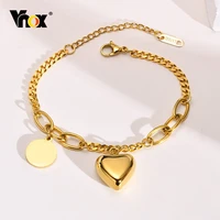 vnox chic gold tone stainless steel cuban chain bracelets for womentemperament heart round charmlength adjustable