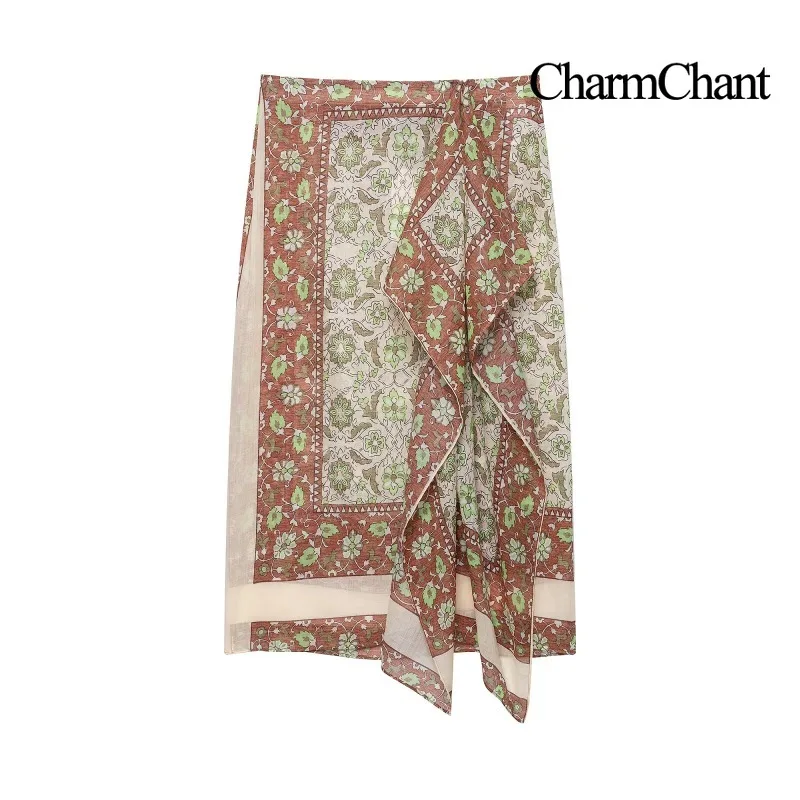 Фото CHARMCHANT Женская винтажная юбка-миди с цветочным принтом, асимметричным разрезом, завязками на талии, в стиле бохо, длинная, лето 2026 №1