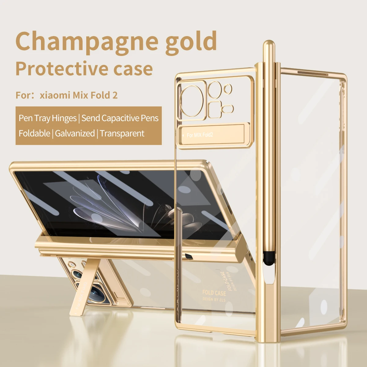 

Hinge Coverage Plating Transparent Stand Case For Xiaomi Mi Mix Fold 2 All-inclusive Cover with Screen Glass + Capacitive Pen