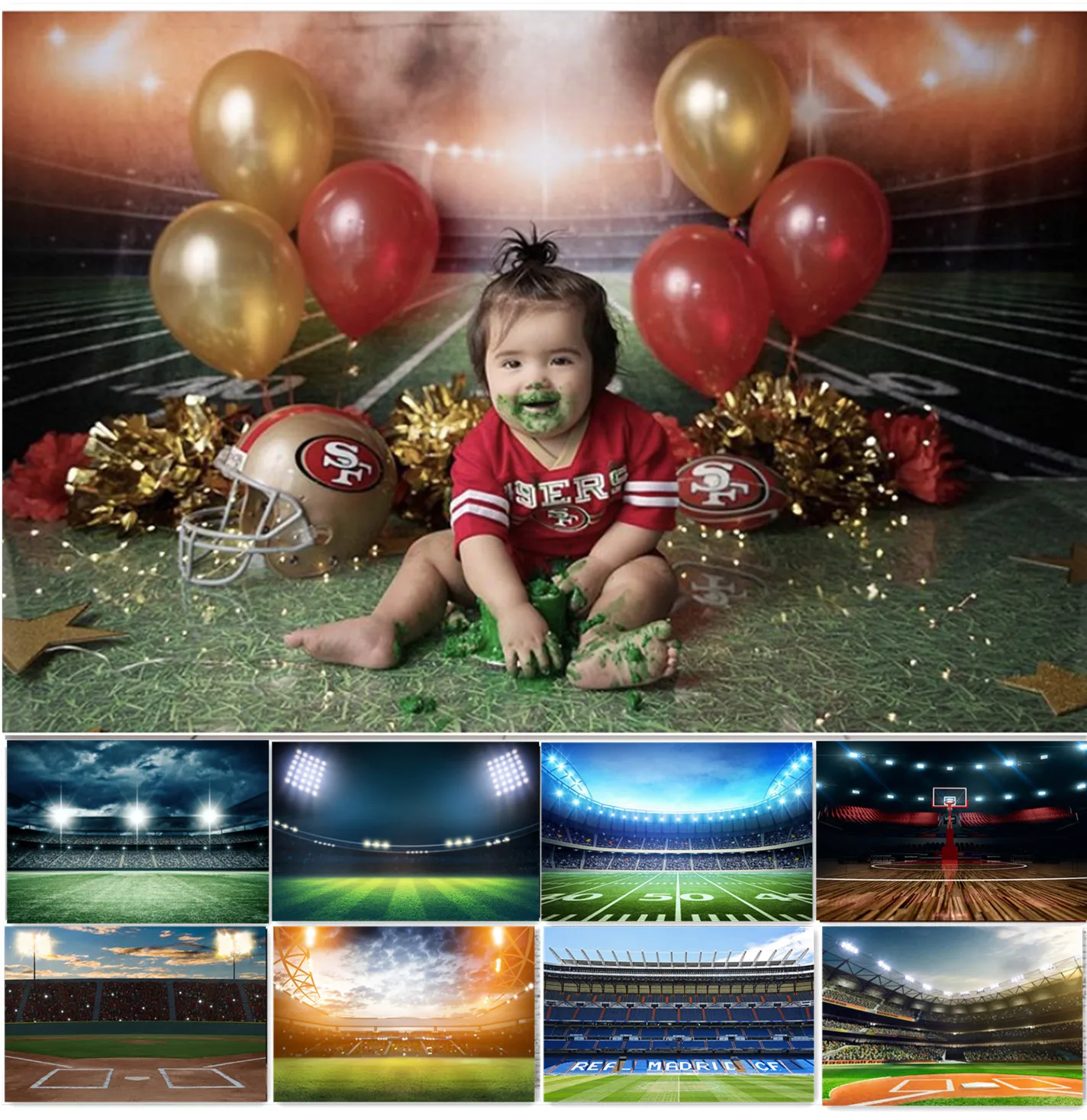 

Детский фон для фотосъемки с изображением футбольного стадиона