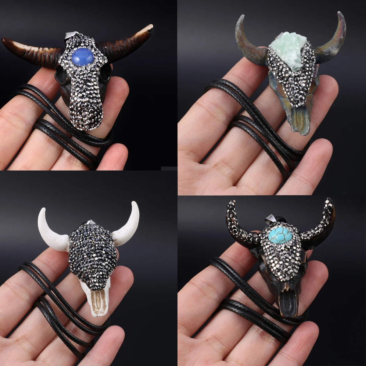 

11 Kinds Oxhead Shaped Acrylic Rhinestone Natural Semi precious Stone Turquoise Pendant Necklace Chain Jewelry Charm Gift