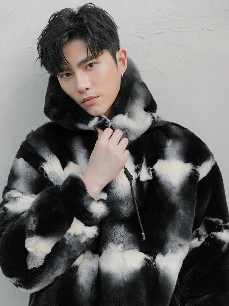 Fur Outerwear Men's Original Ecological Imported Angora Rex Rabbit Integrated Hood Coat Haining Real Leather Clothes Natu...