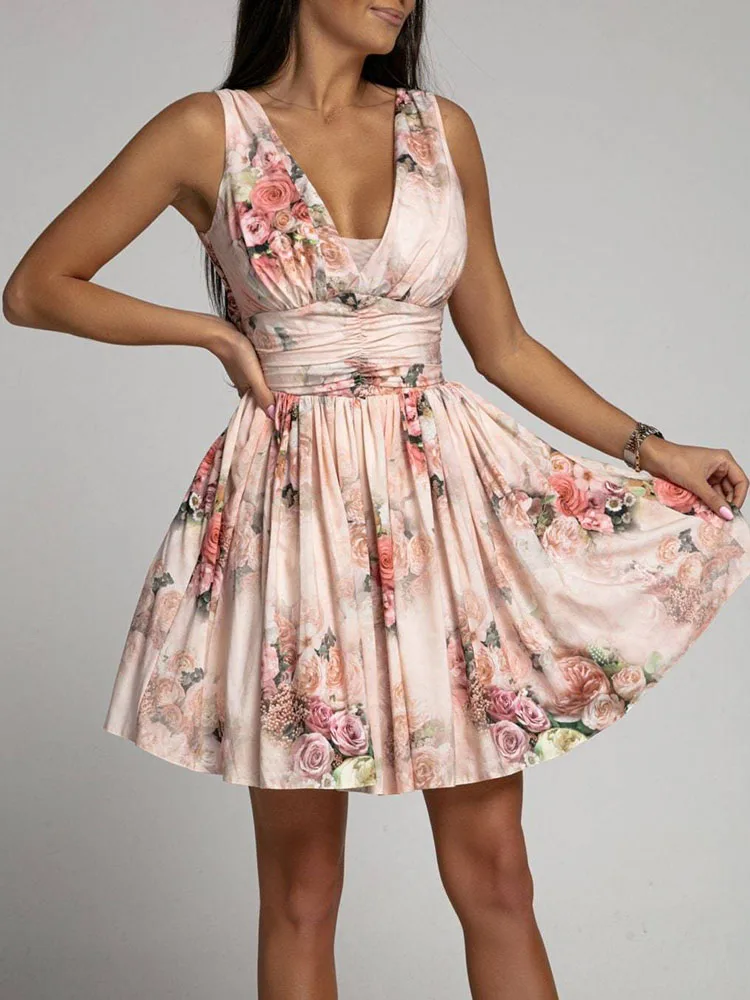 

Sexy Lace Up Back V-Neck Slim Waist Dress Elegant Printed A-Line Dress Party Show Dress Office Chic Sleeveless Dress Harajuku