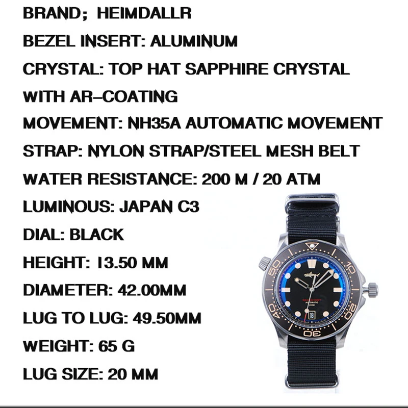 HEIMDALLR Титановые мужские дайверские часы Sea Ghost NTTD 200M