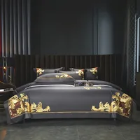 Top Gold Embroiderd Solid Color Bedding Set Luxury 4pcs Long-staple Cotton Dark Grey Duvet Cover Bed Sheet Linen Pillowcases