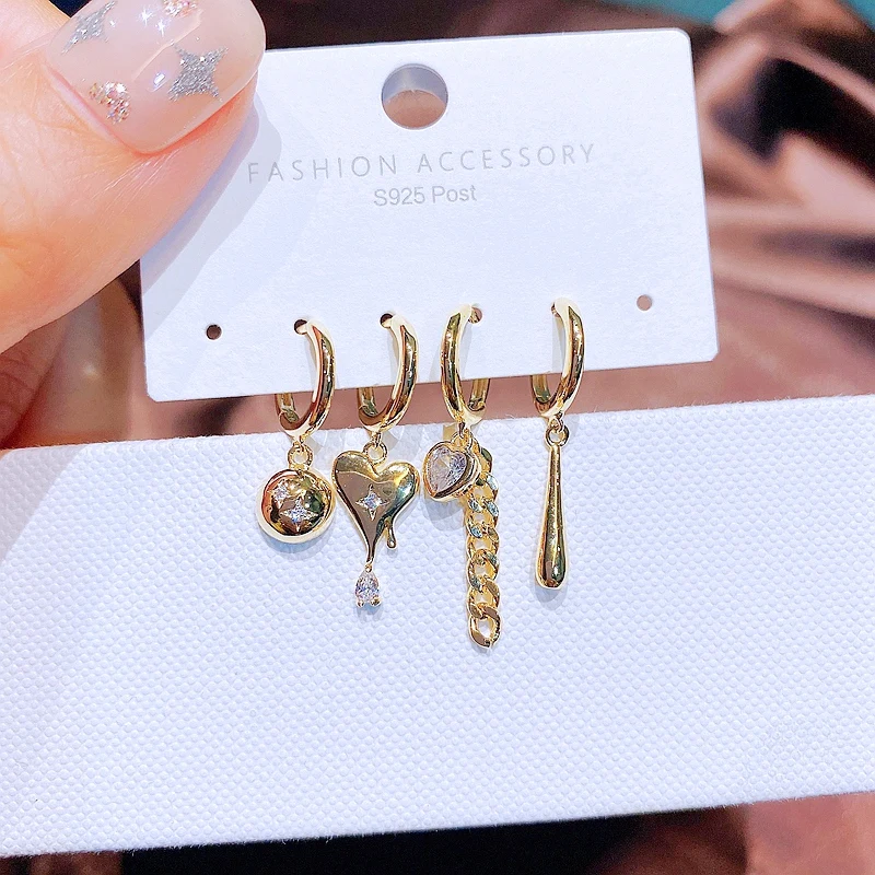 

MIGGA Designer 4pcs Cubic Zircon Stone Heart Pendant Hoop Earrings Set Gold Color Copper Women Jewelry