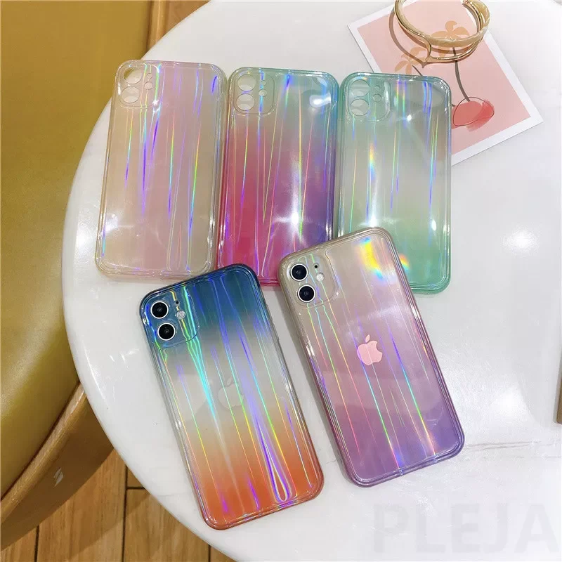 

NEW2023 Luxury Aurora Laser Soft Phone Case For iPhone 12 mini 11 Pro Max 7 8 plus SE 2020 X XS Max XR Cute Transparent Gradient