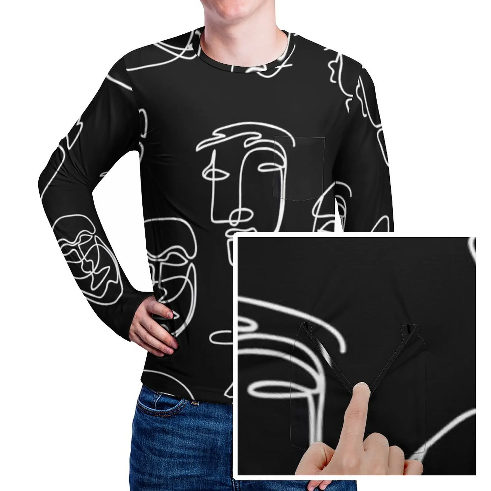 

Однотонная футболка с изображением лица, модные футболки с абстрактным рисунком, карманы, футболка с длинным рукавом и графическим принтом, осенние базовые футболки большого размера