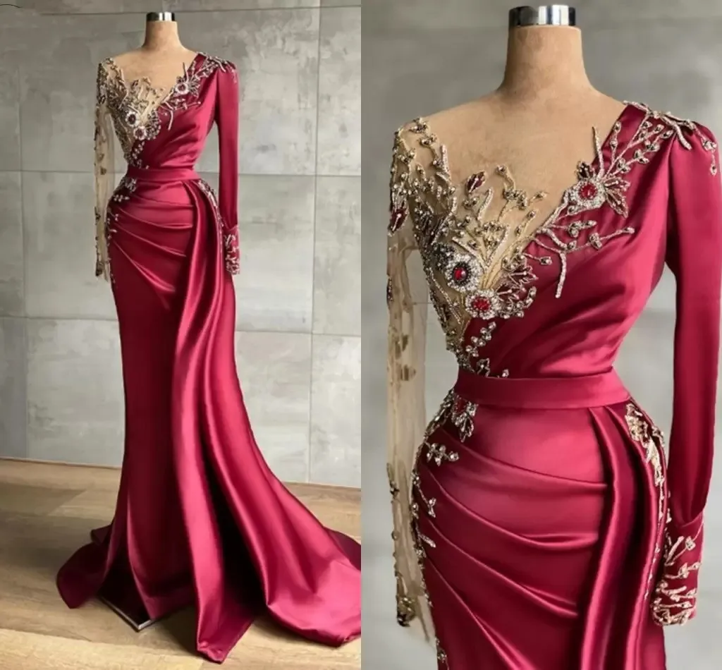 

Red Sexy Prom Dress V Neck Long Sleeves Appliques Satin Evening Gowns Party Plus Size Vestido De NoviaCustom Made