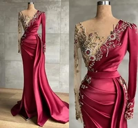 red sexy prom dress v neck long sleeves appliques satin evening gowns party plus size vestido de noviacustom made