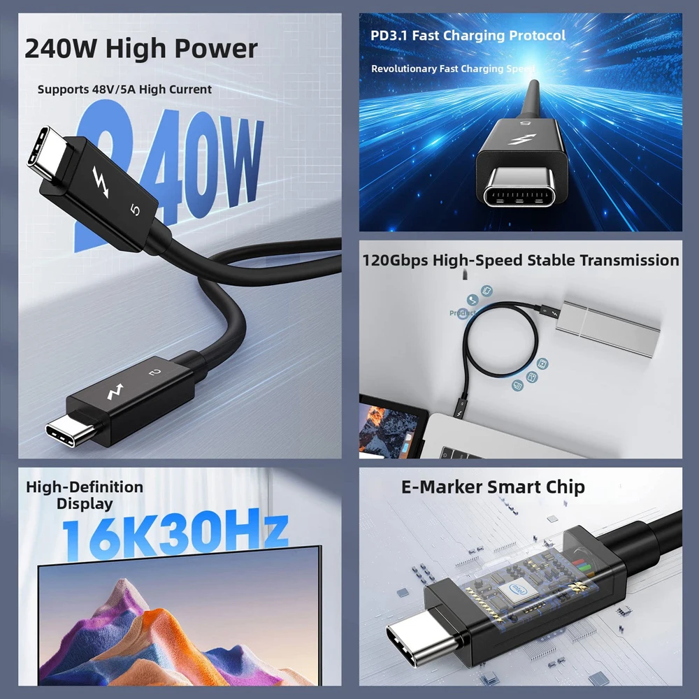 Фото Кабель для передачи данных Thunderbolt 5/4/3, 240 Вт, 120 Гбит/с, 5А, USB-C Type-C, для быстрой зарядки iPhone 15/16/17, Air, SSD, планшетов, ноутбуков, MacBook №3