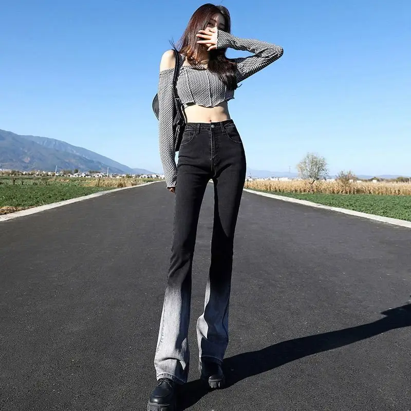 

Women Gradient Chic Vintage Korean Style Loose All-match Jeans Streetwear Slim Leisure Students Pants Spring Autumn Trousers S51