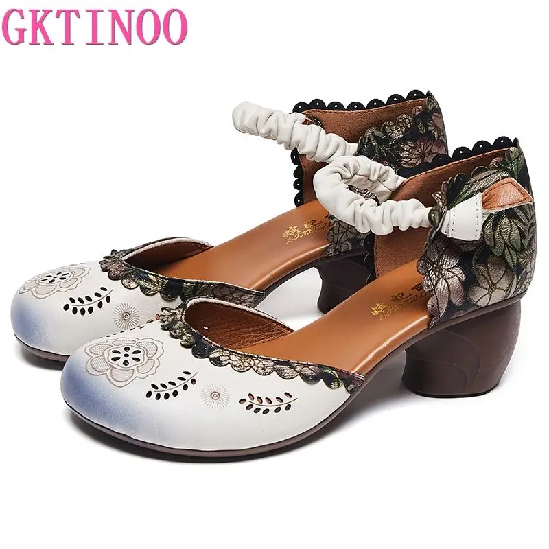 

GKTINOO/Новый дизайн; Женские босоножки с круглым носком; Коллекция 2023 года; Летняя обувь в этническом стиле; Повседневные босоножки из натуральной кожи на толстом каблуке с принтом