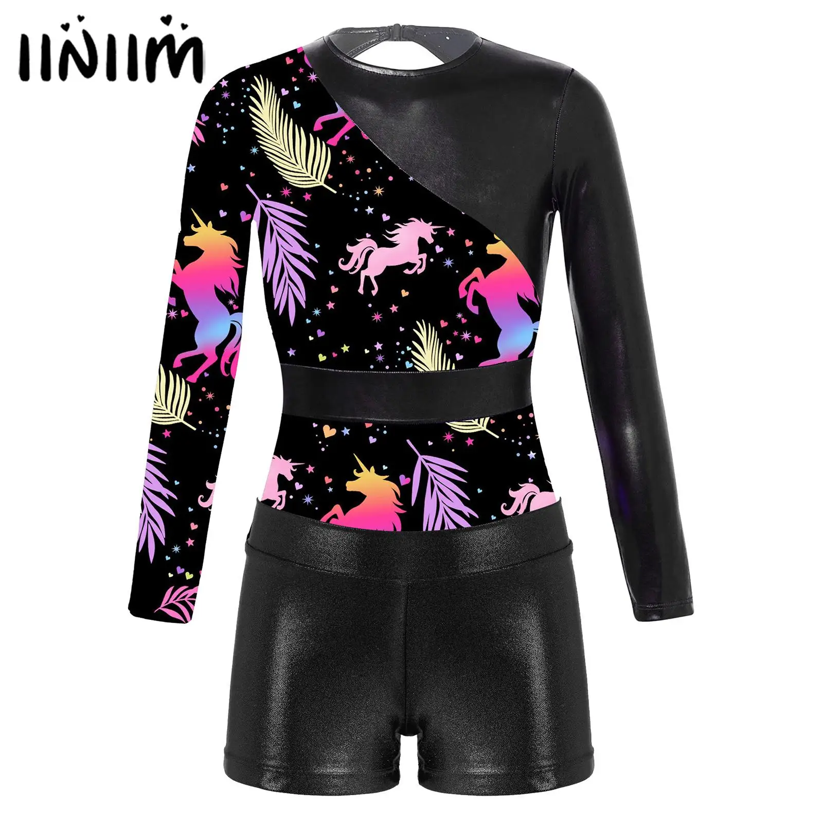 

Kids Girls Long Sleeve Printed Patchwork Open Back Leotard Metallic Elastic Waistband Shorts for Dance Gymnastic Workout Sports