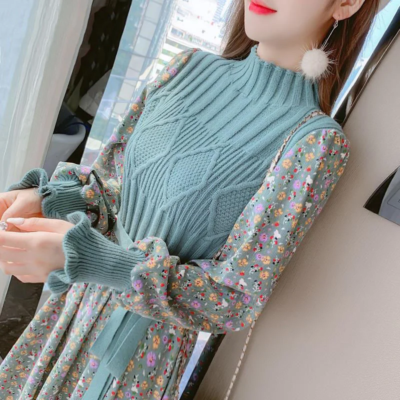 

Women's Knitted Dress Autumn Winter New Long Sleeve Corduroy Floral Dress Female Elegant Sweater A-line Long Veatidos Belt