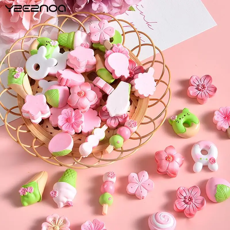 

10Pcs Resin Kawaii Colorful Painted Cherry Blossom Macaron Food Play Series Flatback Cabochon Embellishment For Scrapbooking DIY