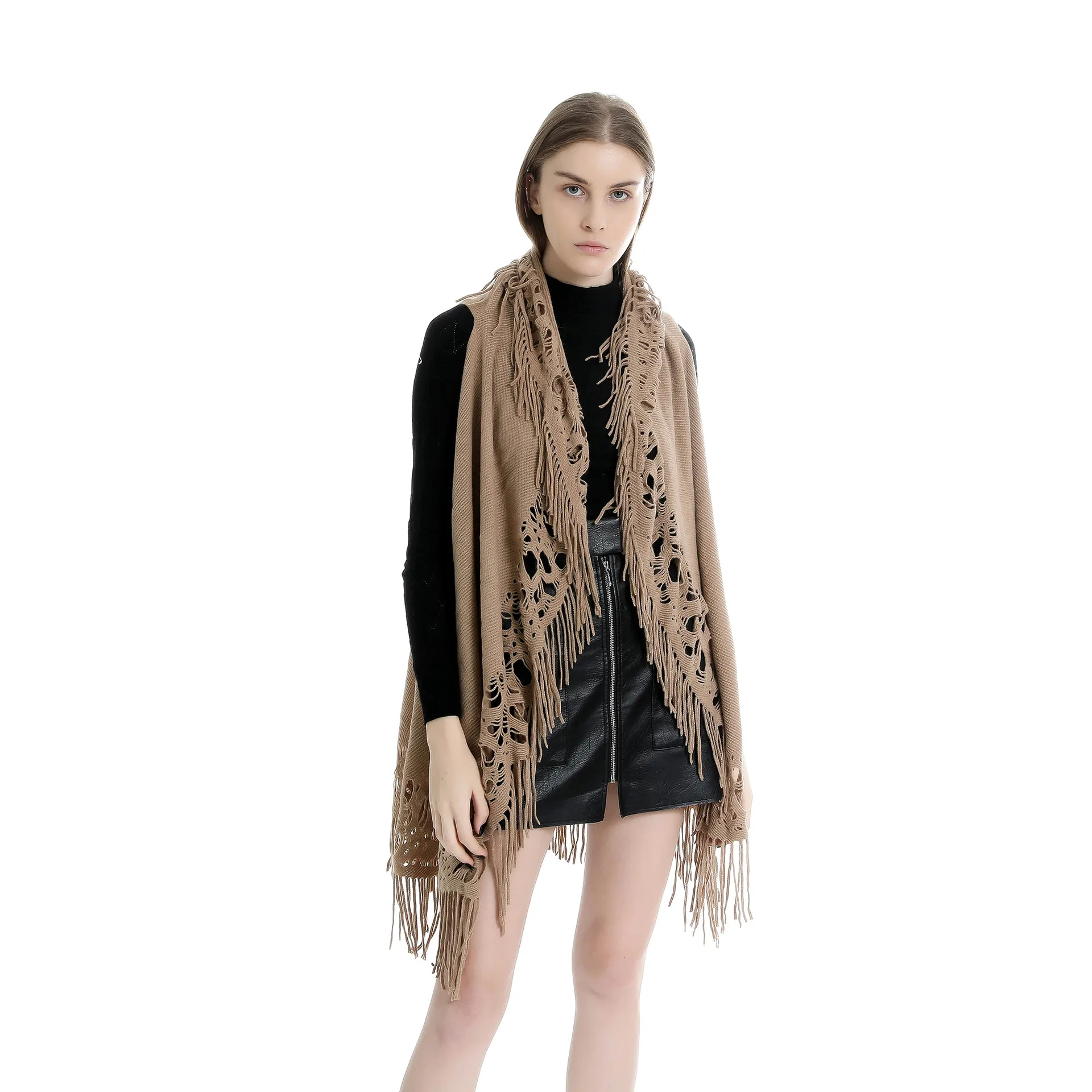 

Уличная однотонная шаль без рукавов с вырезами, теплый шарф «Все в одном»