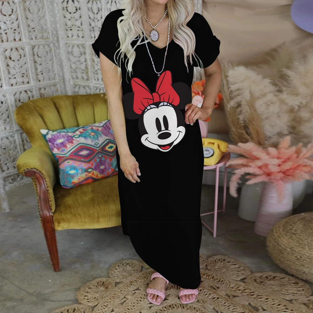 Mickey Minnie Mouse Party Dresses for Women 2022 Print Maxi Dress V-Neck Robe Fashion Elegant Casual Women's Dresses Disney Sexy