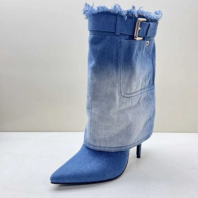 

Custom High-Heeled Fringes Short Boots Light Denim Ankle Booty Women Stiletto Thin Heels Jeans Buckles Shoes