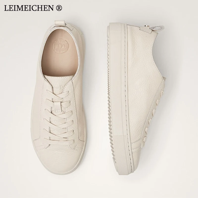 

LEIMEICHEN Ins Fashion Blogger High Street Simple White Genuine Leather Soft Comfot Women Shoes Versatile Flat Sneakers