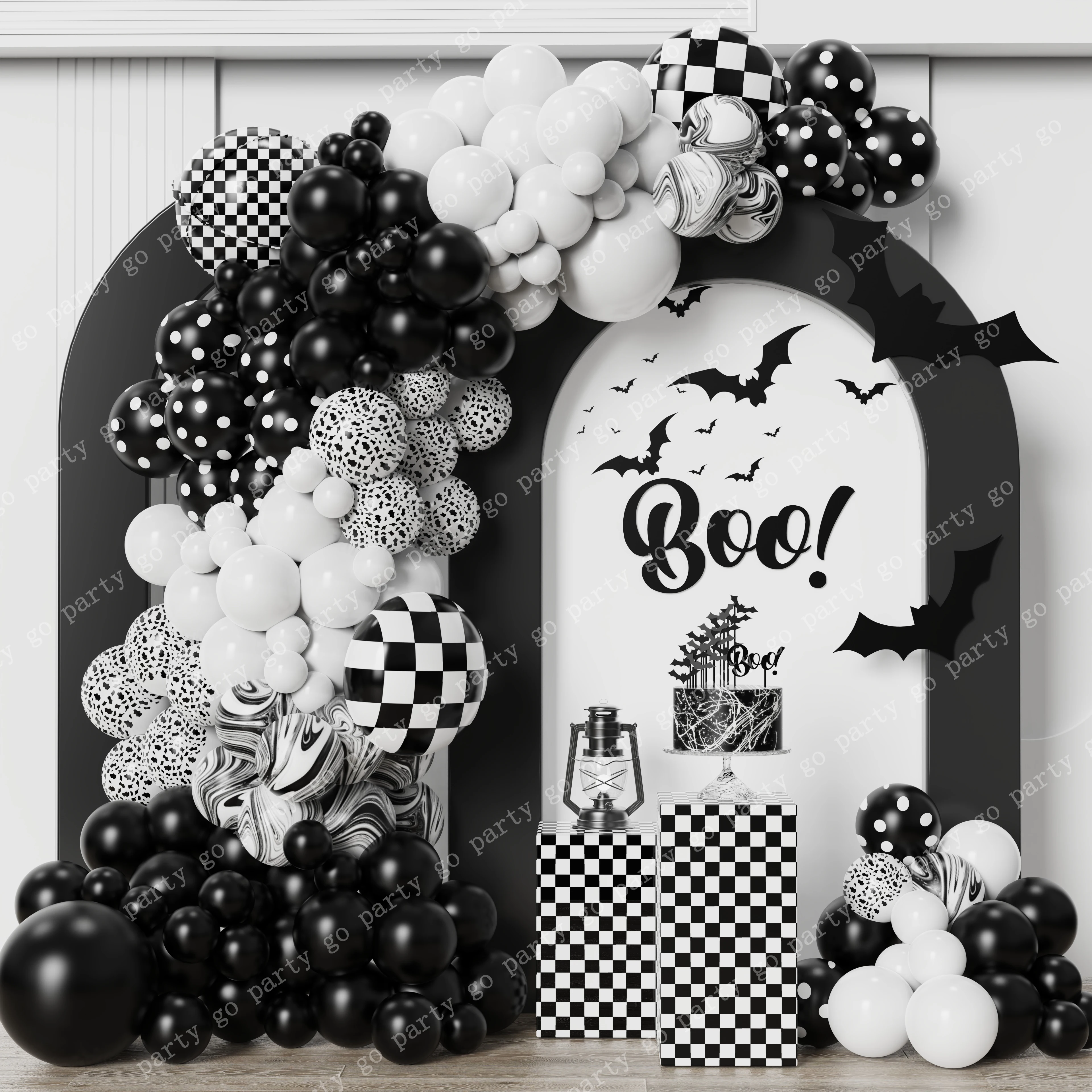 

120pcs Halloween Black White Balloon Garland Kit 3D Bat Wall Sticker 4D Grid Foil Globe Halloween Party Decoration Horror Props