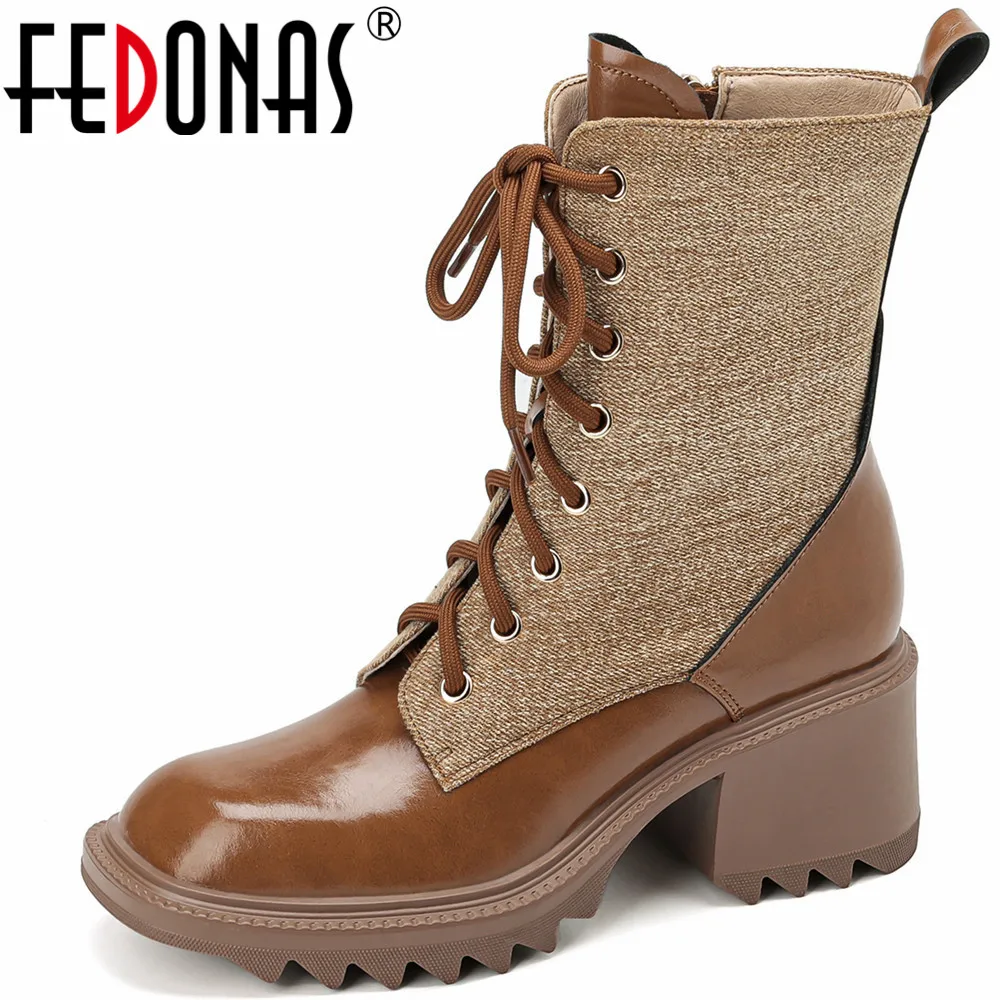 

Женские ботильоны с перекрестной шнуровкой FEDONAS, черные винтажные полусапожки из натуральной кожи на толстых каблуках с боковой молнией на осень и зиму 2023