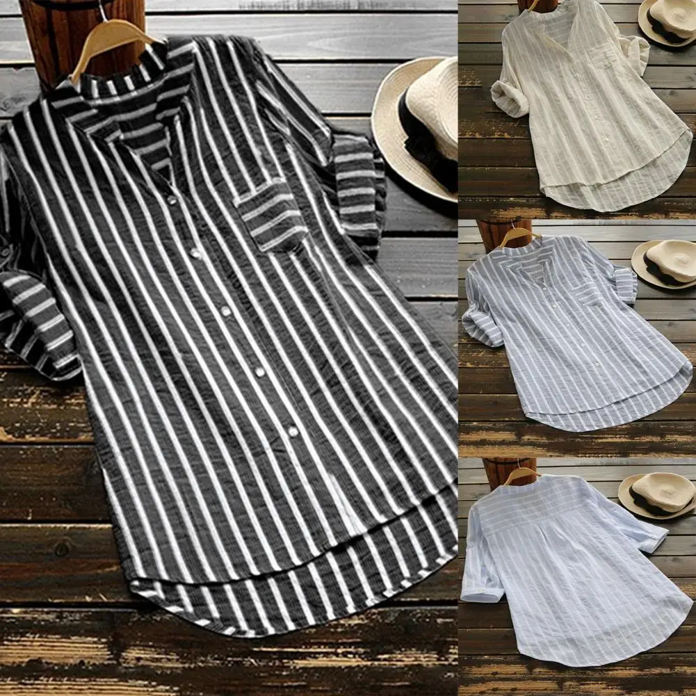 

Однобортная женская блузка, модная полосатая женская рубашка, топ свободного кроя из полиэстера, Женский Современный Топ большого размера, ...