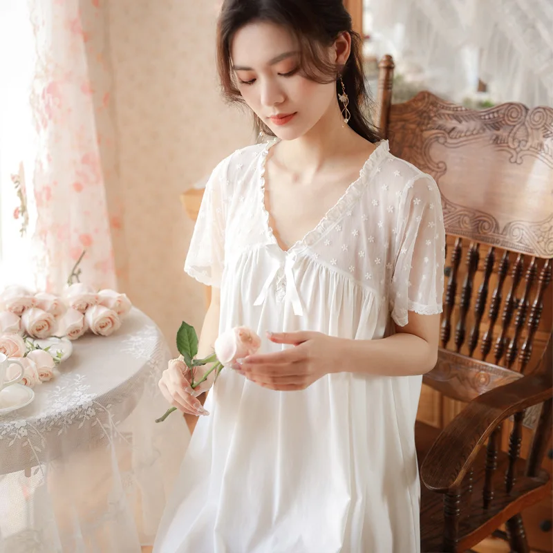 Women Cotton Night Dress Summer Sexy Lace Short Sleeve Nighty White Long Peignoir Victorian Vintage Nightgown Princess Sleepwear