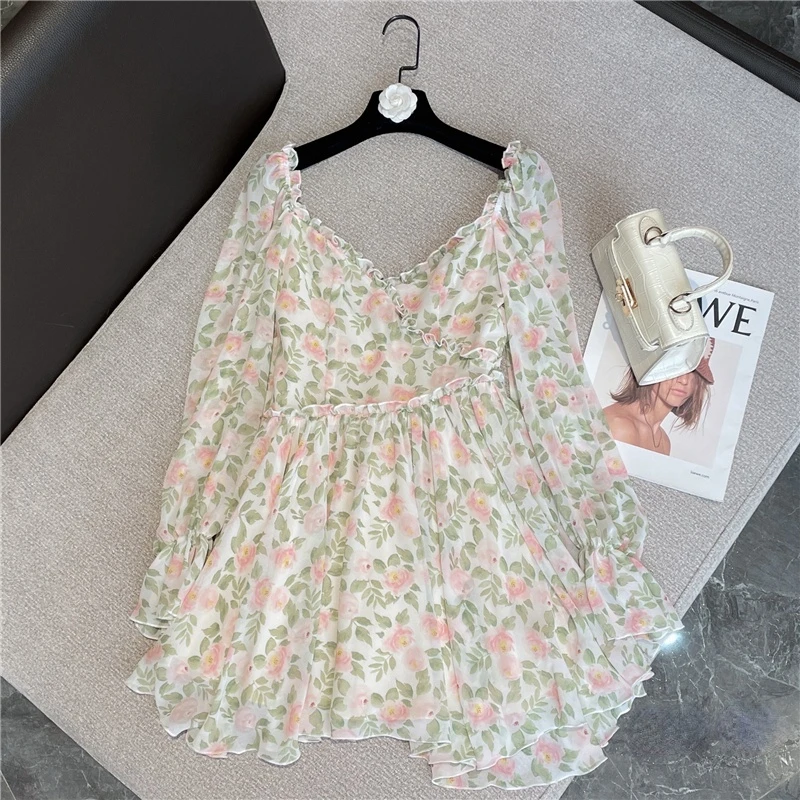 

2022 Spring and Summer Sweet Chiffon Dress for Women Socialite Style Sexy V-neck Mesh Long Sleeve Floral Dresses Holiday Beach