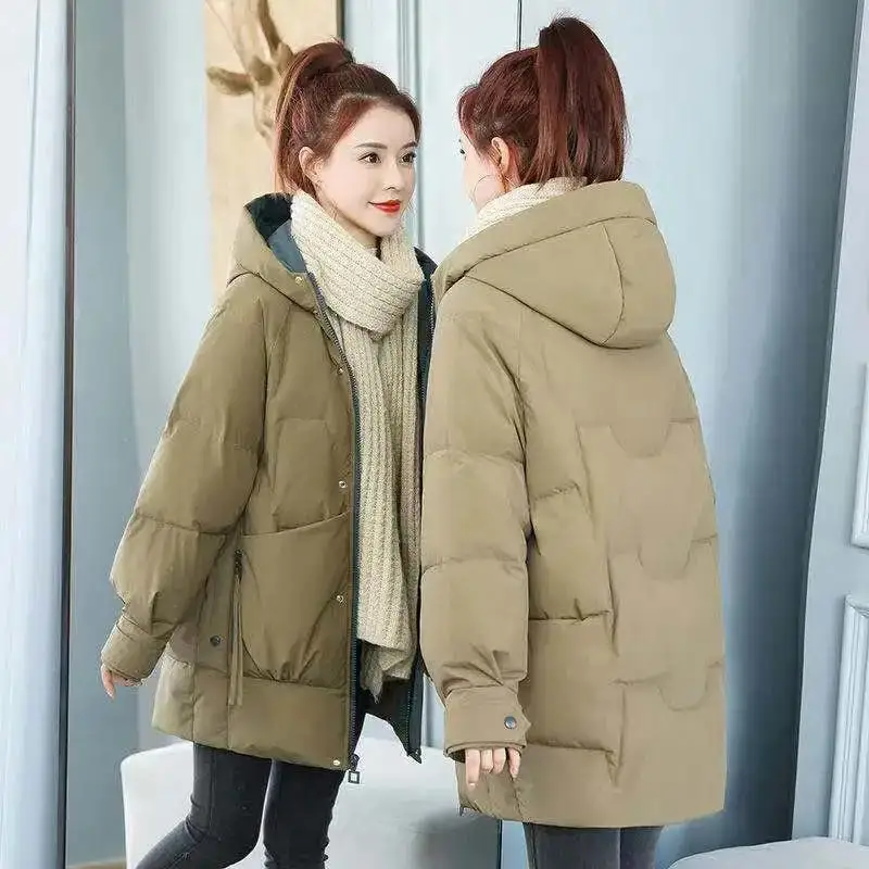 Winter Loose Hooded Cotton Padded Coat Women Warm Thin Parka Casua Mid-length Basic Solid Outwear Snow Jacket New Tops A11