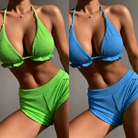 halter bikini textured womens swimsuits sexy swimwear ruffle biquini solid bather bathing suit 2022 tie back hawaiian beachwear