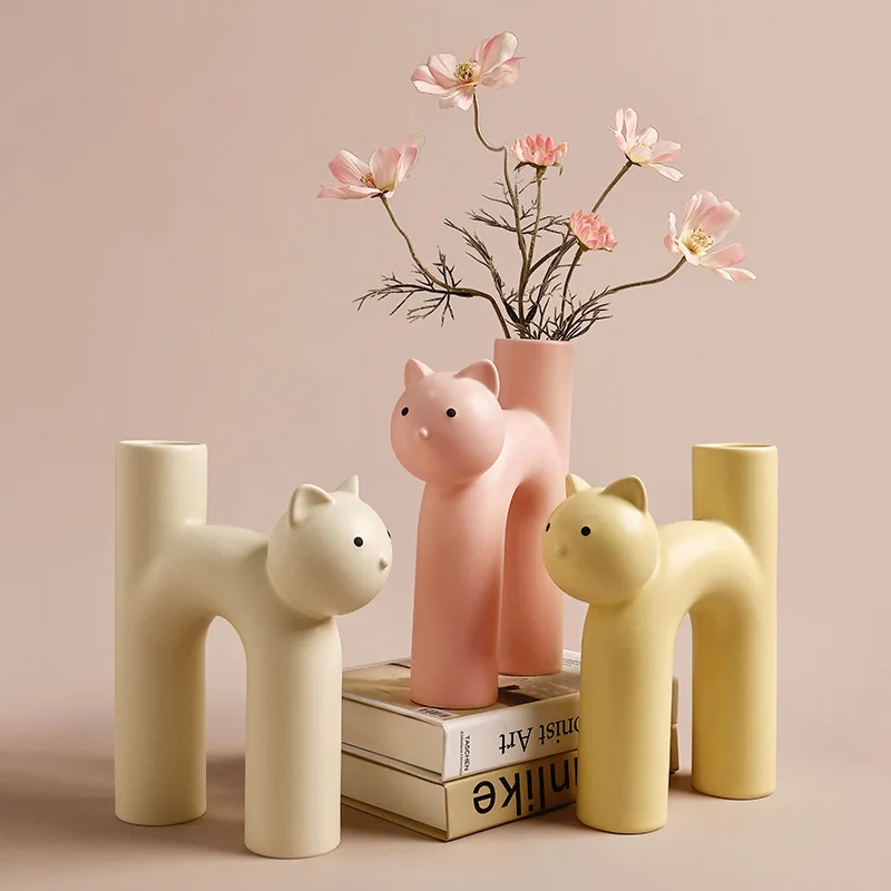 

Creative Ceramic Vase Cartoon Cat Flower Arrangement Vases Living Room Desktop Ornament Cute Kitten Figurine Vase Pot Home Decor