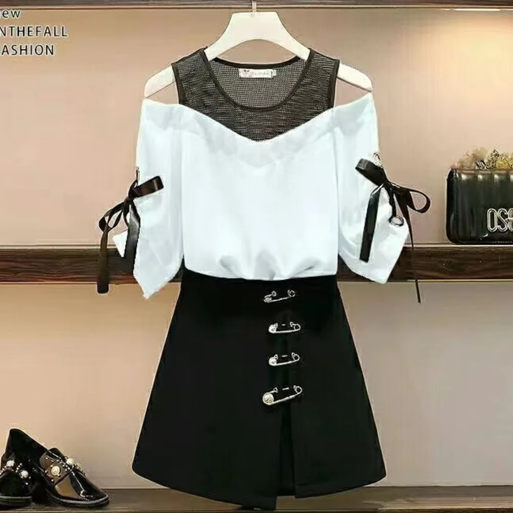 

Women Summer Sweet Korean Two Pieces Set For Women Off The Shoulder Mesh Patchwork Short Sleeve Top And Midi Skirts Sets 2022