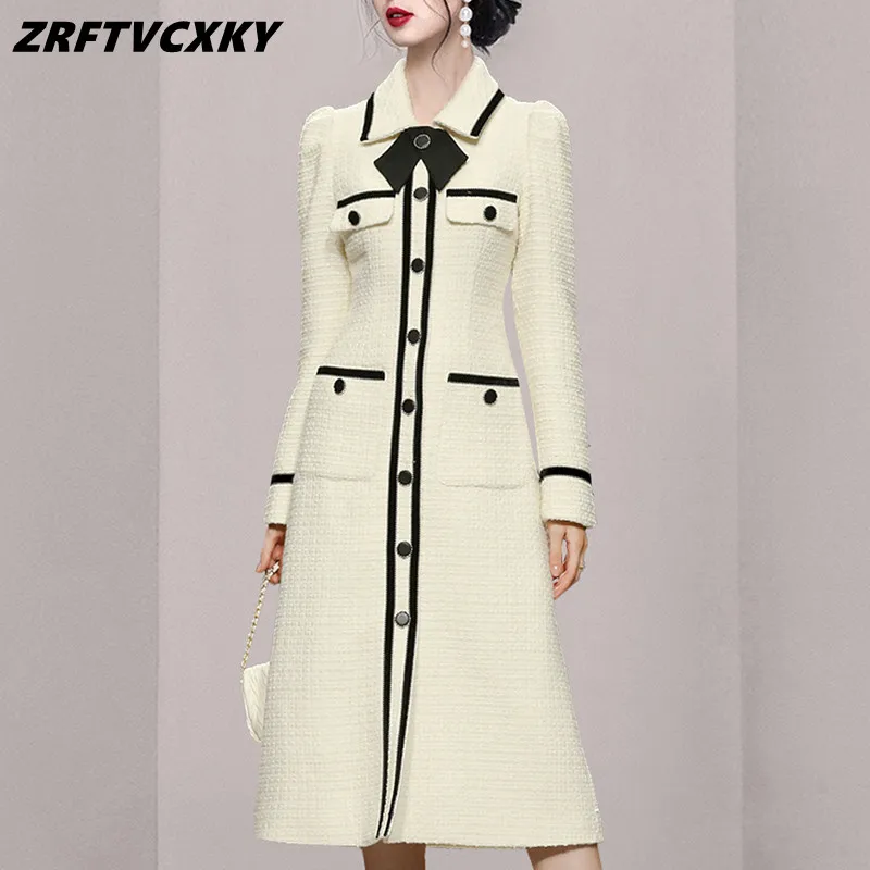 

ZRFTVCXKY Winter New Bow Color Blocking Vintage Tweed Dress Fashion Single-Breasted Elegant Simple Women Business Party Dresses