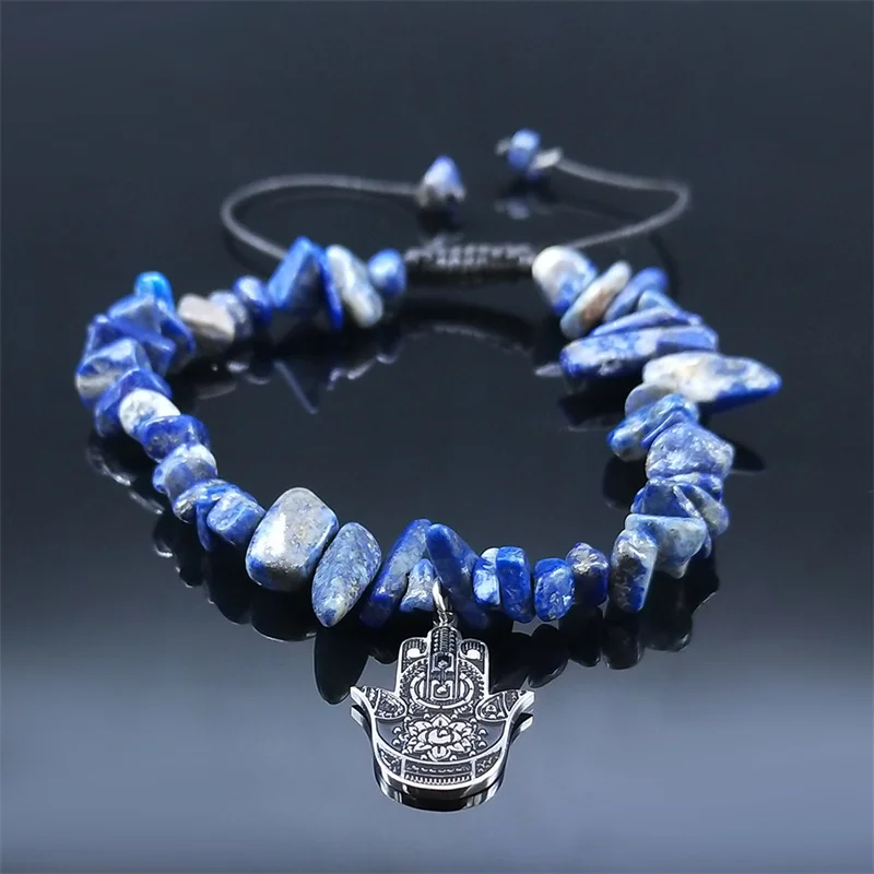 

2023 Hamsa Hand Lapis Lazuli Natural Stone Bracelet Women Stainless Steel Devil Eye Bracelets Jewelry pulseira feminina B1795S04