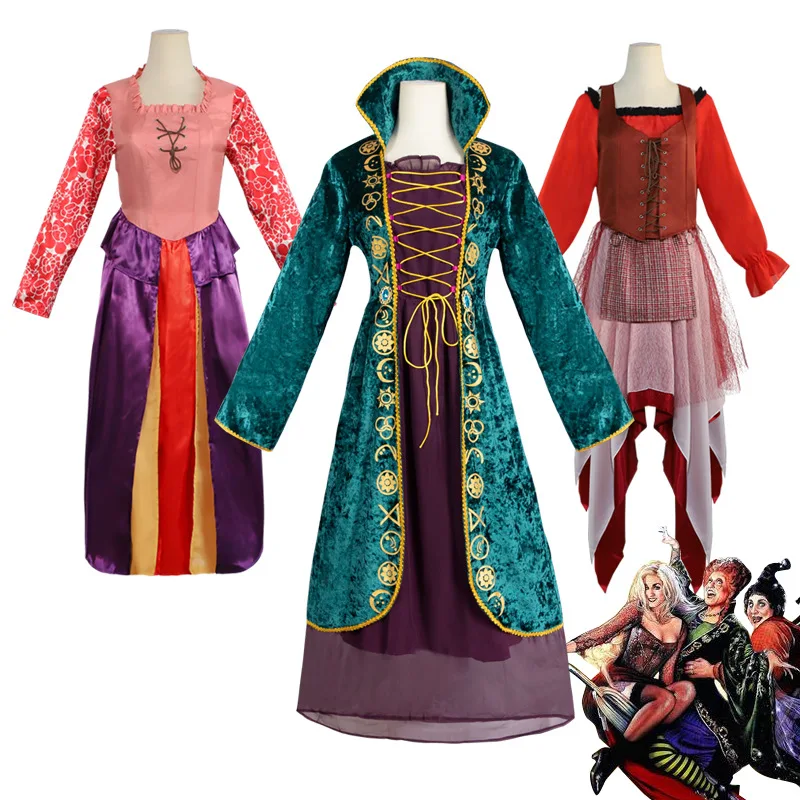 

Movie Hocus Pocus 2 Winifred Sanderson Cosplay Costume Wig Medieval Witch Retro Dress Suit Sarah Christmas Carnival Outfit Cloak