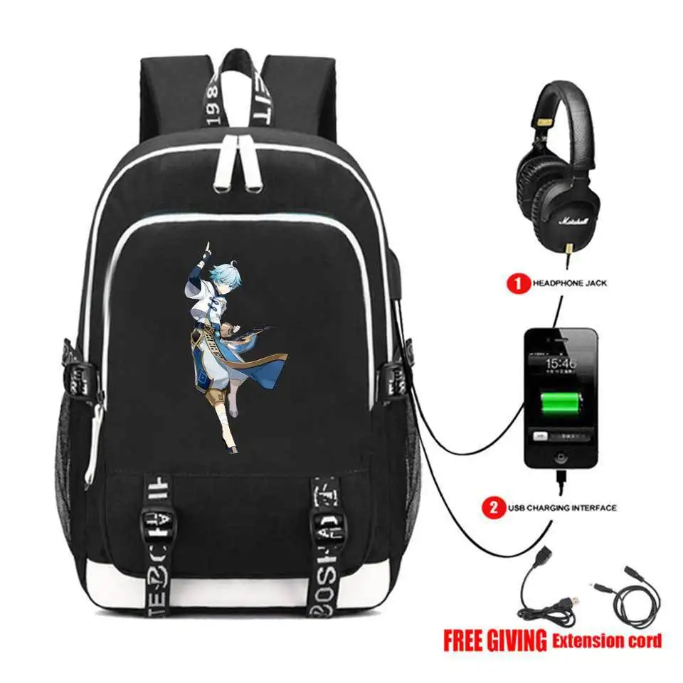 

Game Genshin Impact USB Charging Backpack Canvas Printing Knapsack Student Cartoon Schoolbag Teenager Packsack Travel Laptop Bag