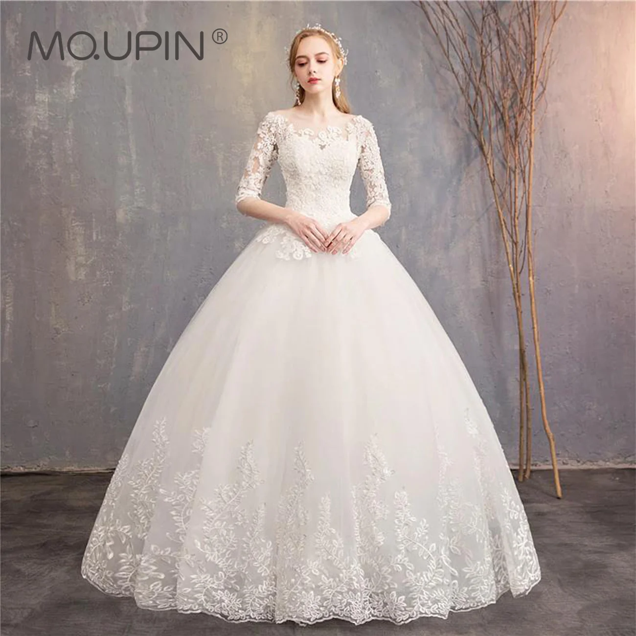 

Lace Wedding Dresses Half Sleeves Luxury Lace Appliqués Embroidered Prom Dress Wedding Dresses Customized Vestido De Noiva Mp13