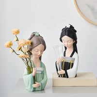 hanfu girl sculpture dried flower vase modern living room home decoration accessories figurines for interior desk accessories