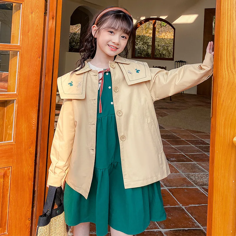 

Spring Autumn Casual Jackets For Girls Fashion Peter Pan Collar Single Breasted Coats Kids Outdoor Outerwear Children Clothing