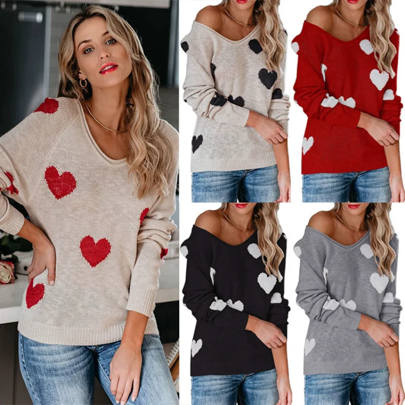 

Autumn/winter 2022 New Loose Love Print V-neck Knit Pullover Sweater for Women